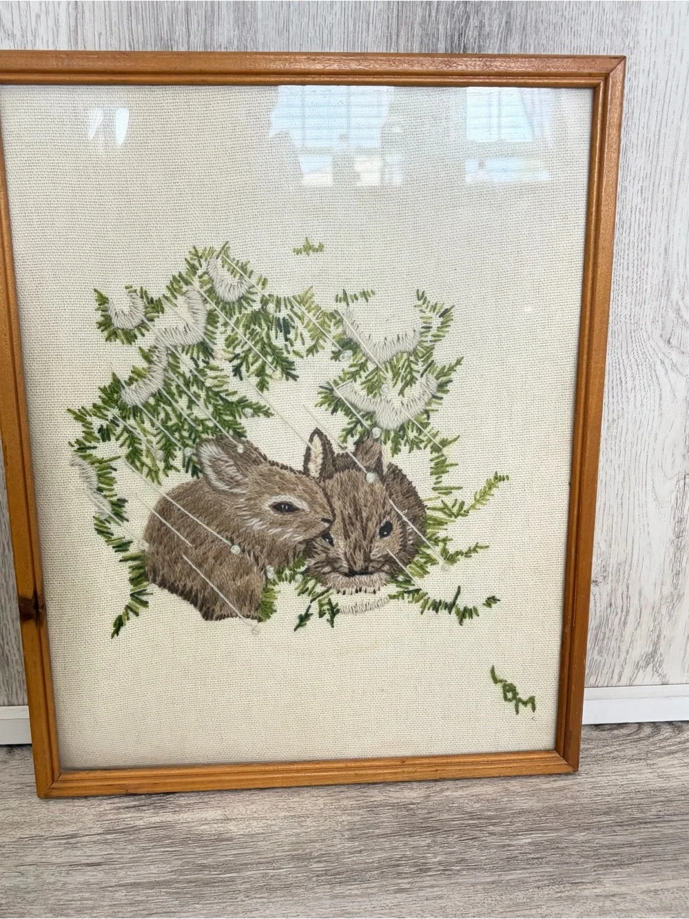 Vintage Framed Bunny Needlepoint Crosstitch Country Cottage Nature 70s 15x12”
